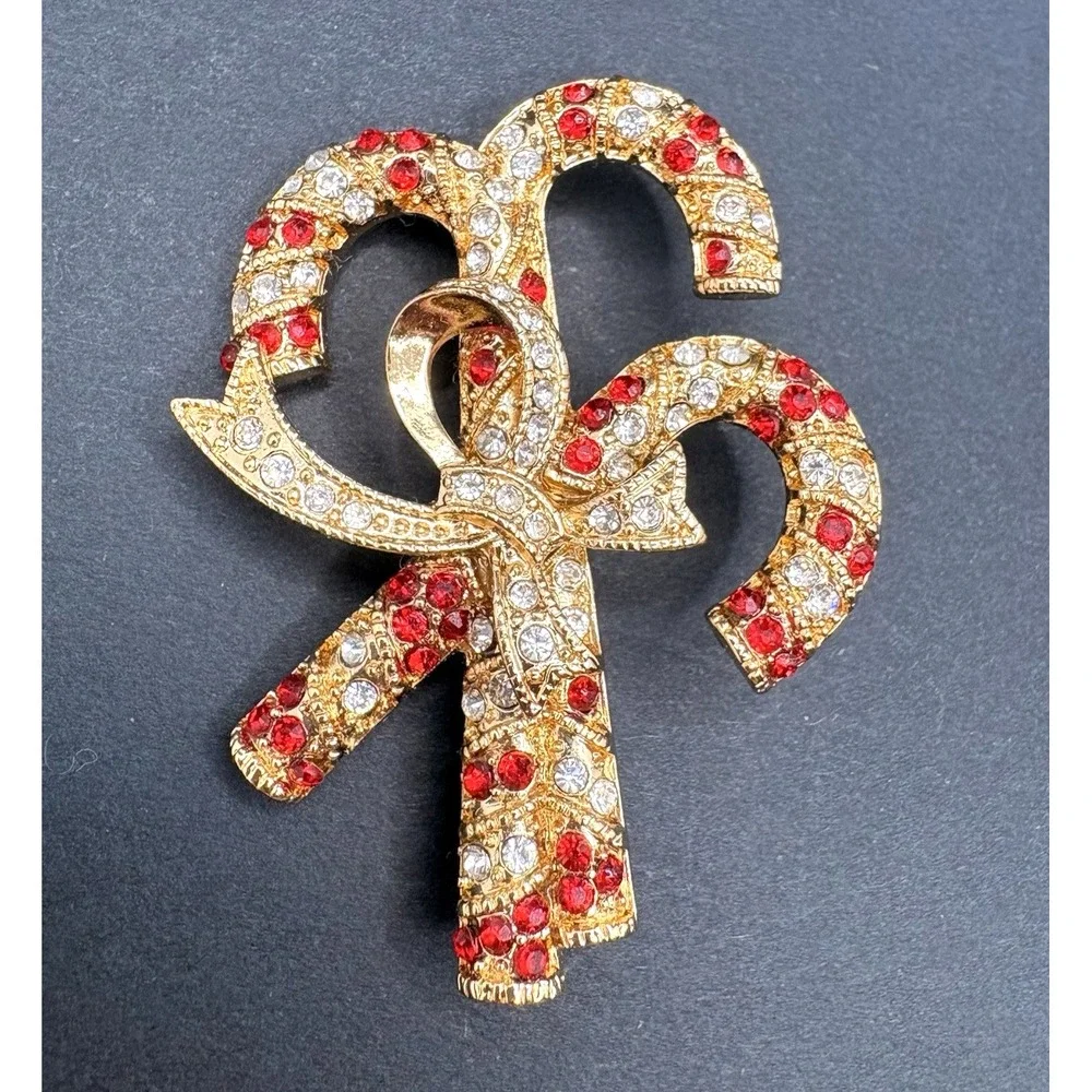 Monet Candy Cane Bow Brooch Christmas Pin Red Rhinestones Gold Tone w/ Box